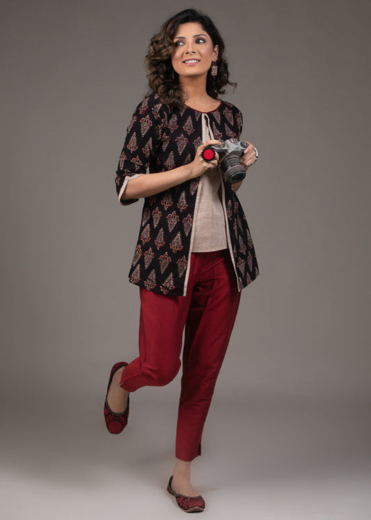 Cotton black Ajrakh printed layered top