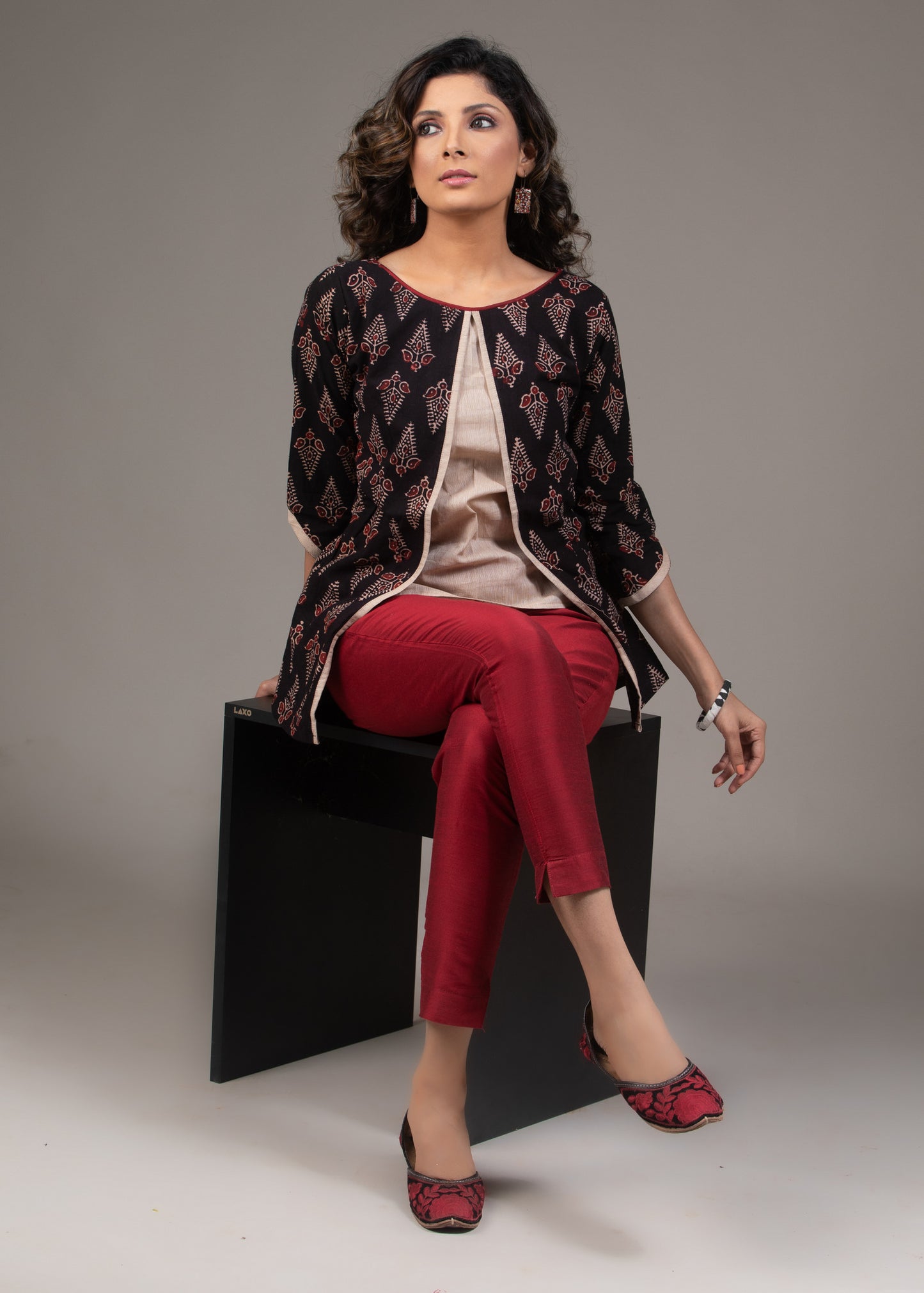 Cotton black Ajrakh printed layered top