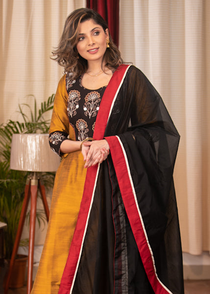 Straight Cut Cotton Silk Kurta with Exclusive hand embroidered Ajrakh Yoke & Chanderi Dupatta - 2 Piece