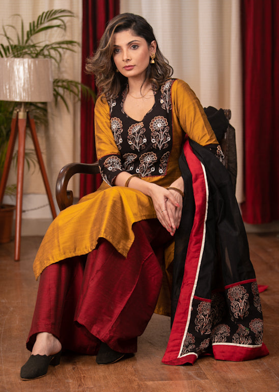 Straight Cut Cotton Silk Kurta with Exclusive hand embroidered Ajrakh Yoke & Chanderi Dupatta - 2 Piece