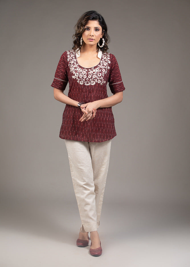 Maroon Ikat off white thread embroidered designer sleeve top