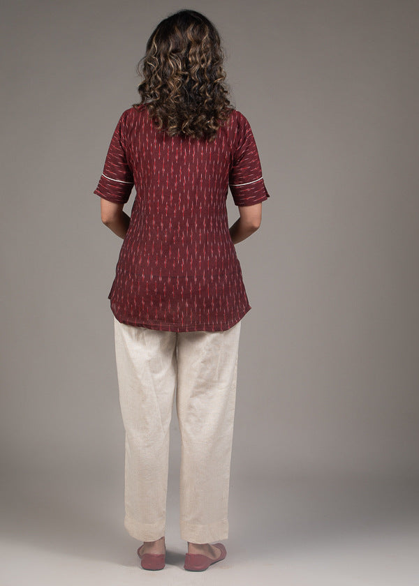 Maroon Ikat off white thread embroidered designer sleeve top
