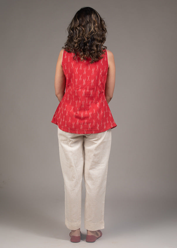 Ikat pleated red cotton top