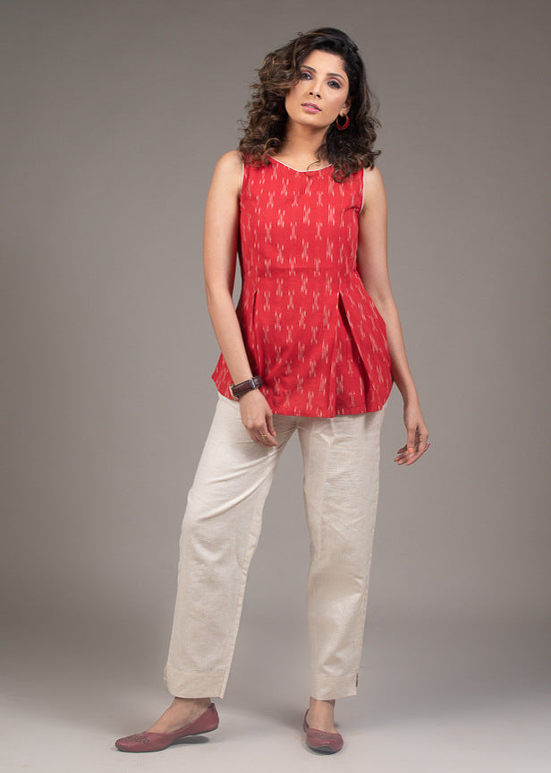 Ikat pleated red cotton top