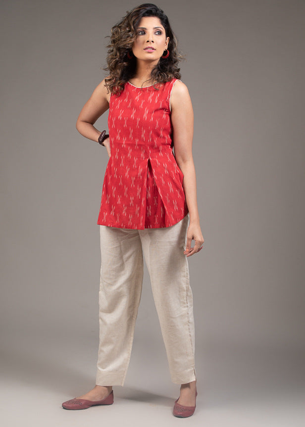 Ikat pleated red cotton top