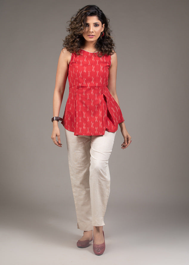 Ikat pleated red cotton top