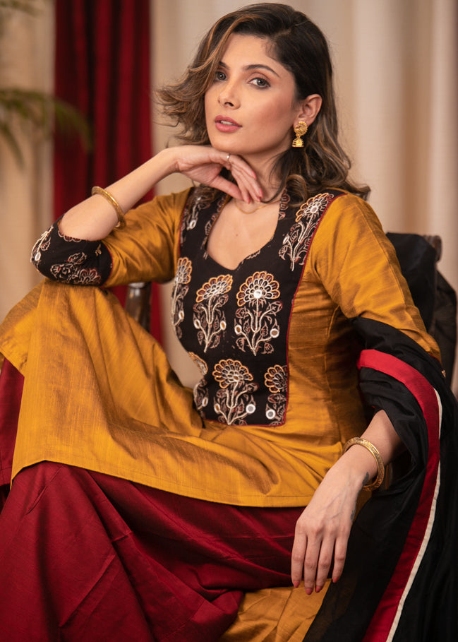 Straight Cut Cotton Silk Kurta with Exclusive hand embroidered Ajrakh Yoke & Chanderi Dupatta - 2 Piece