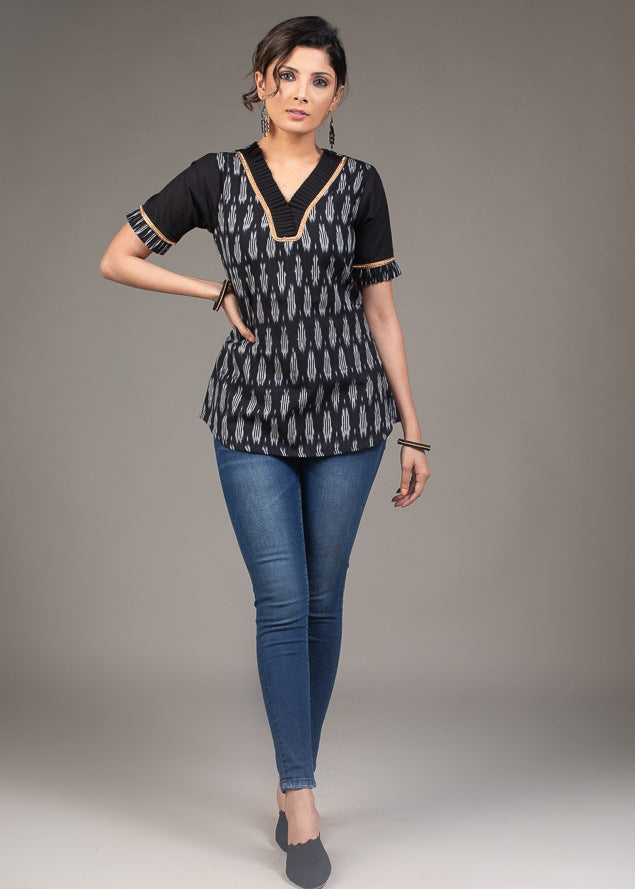 Black Ikat gathered embellished neck cotton top