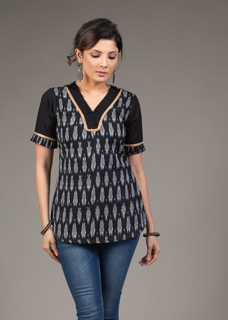 Black Ikat gathered embellished neck cotton top