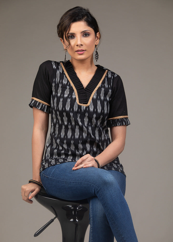 Black Ikat gathered embellished neck cotton top