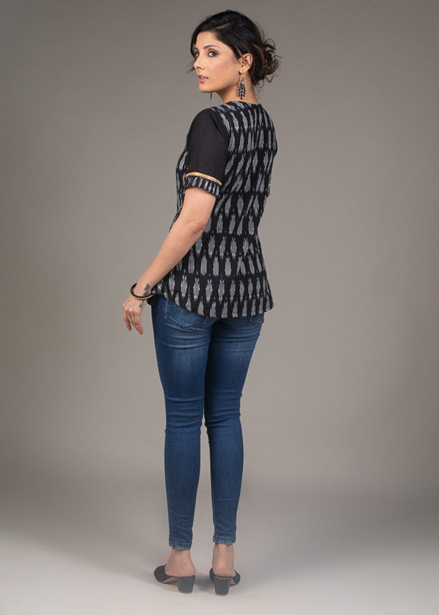 Black Ikat gathered embellished neck cotton top