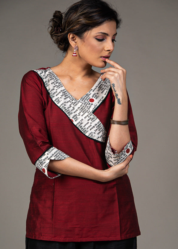 Maroon cotton silk mantra print collar top