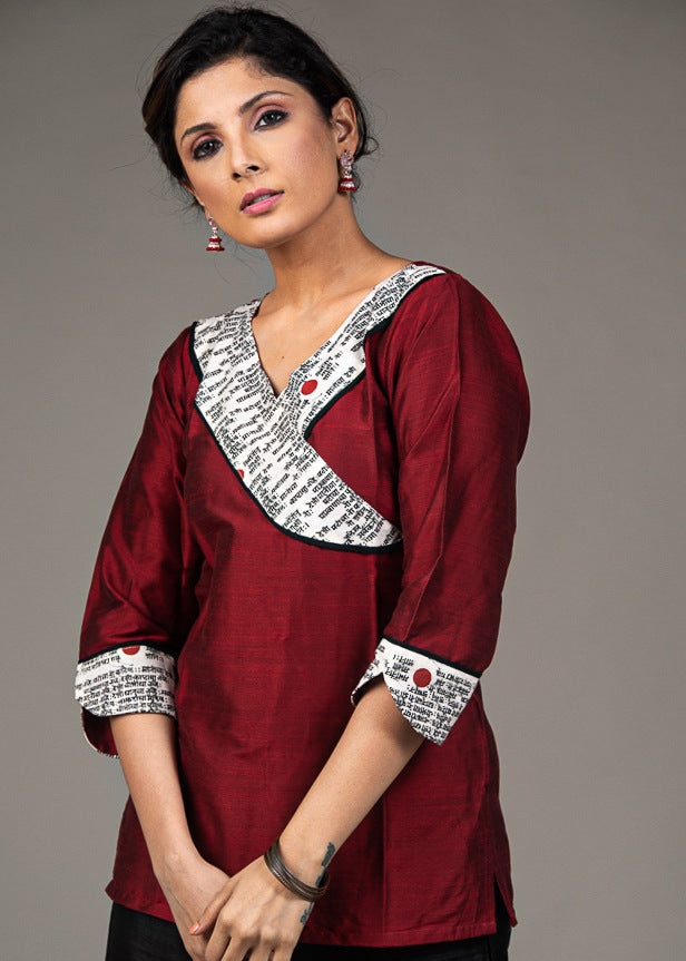 Maroon cotton silk mantra print collar top