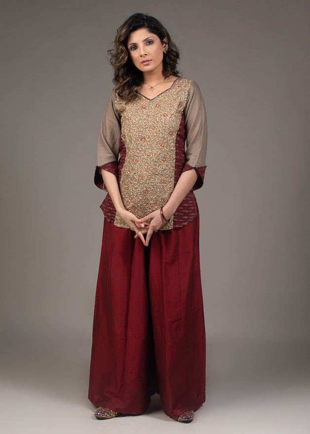 Cotton top with all over exclusive jaal embroidery & Ikat side panel