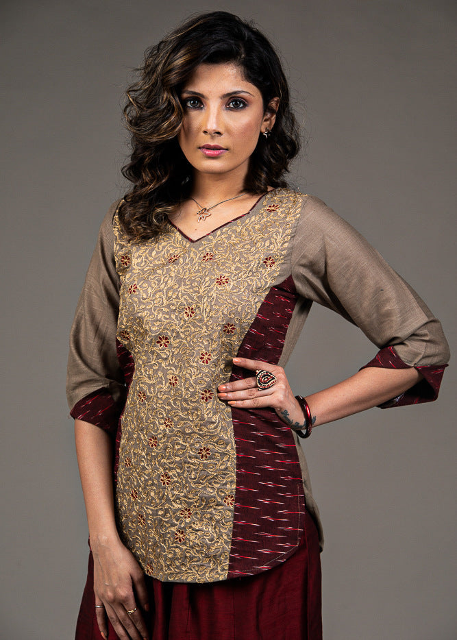 Cotton top with all over exclusive jaal embroidery & Ikat side panel