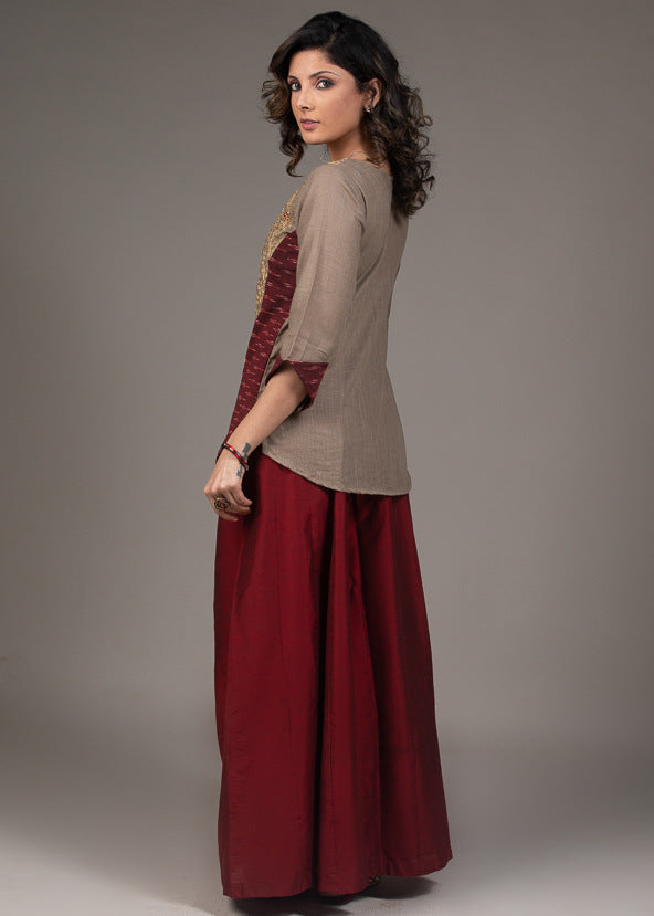Cotton top with all over exclusive jaal embroidery & Ikat side panel