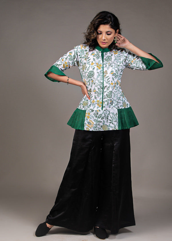 Designer hand block print waist pleated pure cotton top