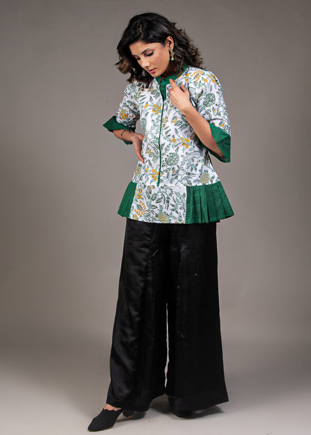 Designer hand block print waist pleated pure cotton top