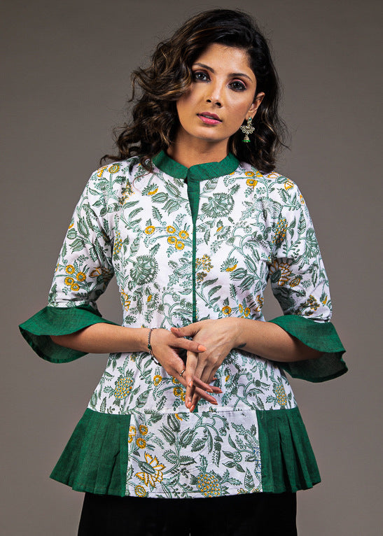 Designer hand block print waist pleated pure cotton top