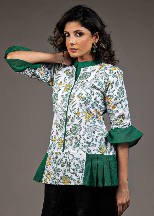 Designer hand block print waist pleated pure cotton top
