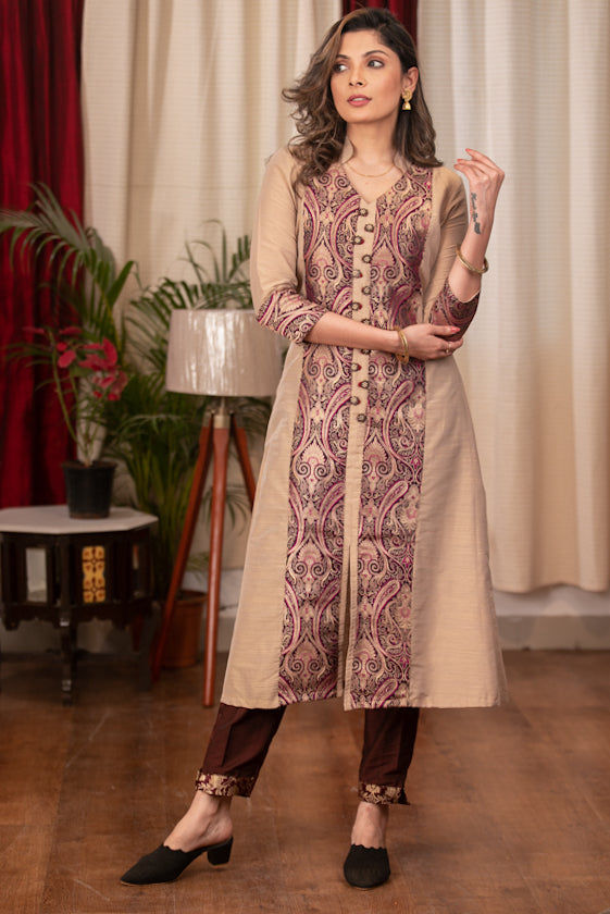 A- Line Beige Cotton Silk Kurta with Elegant Multi Colour Banarasi Panel