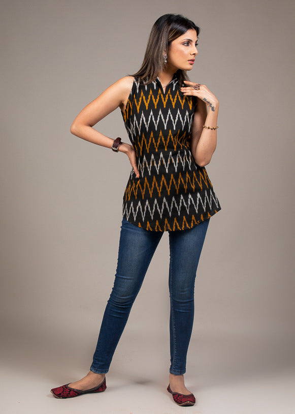 Mustard black zig zag Ikat collared sleeveless top