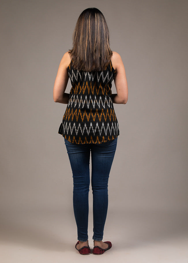 Mustard black zig zag Ikat collared sleeveless top