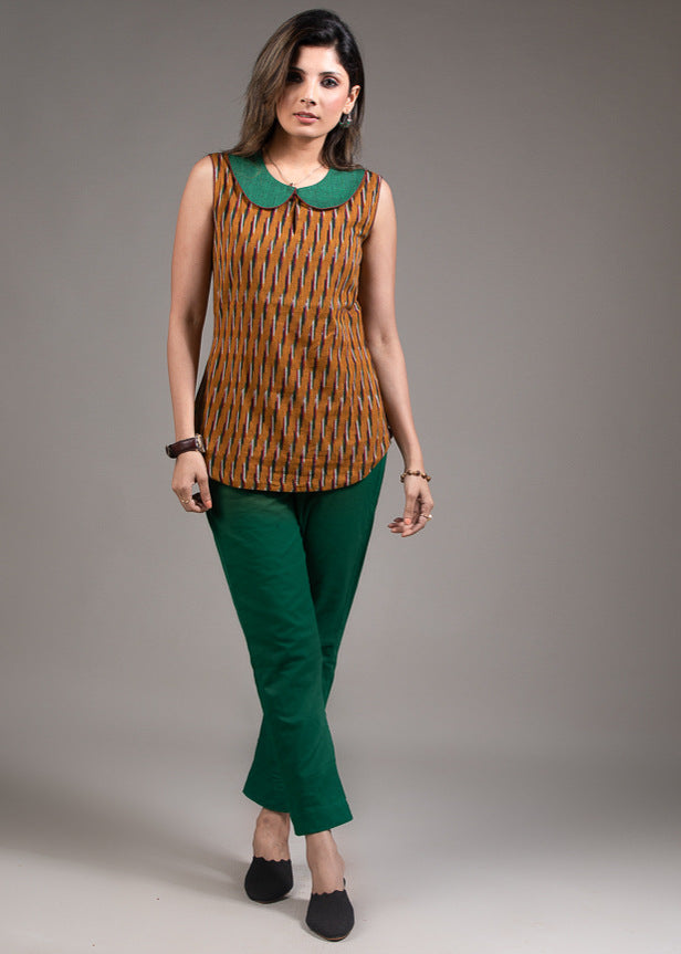 Ikat sleeveless peter pan collared cotton top