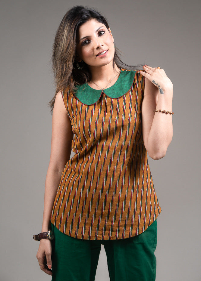 Ikat sleeveless peter pan collared cotton top
