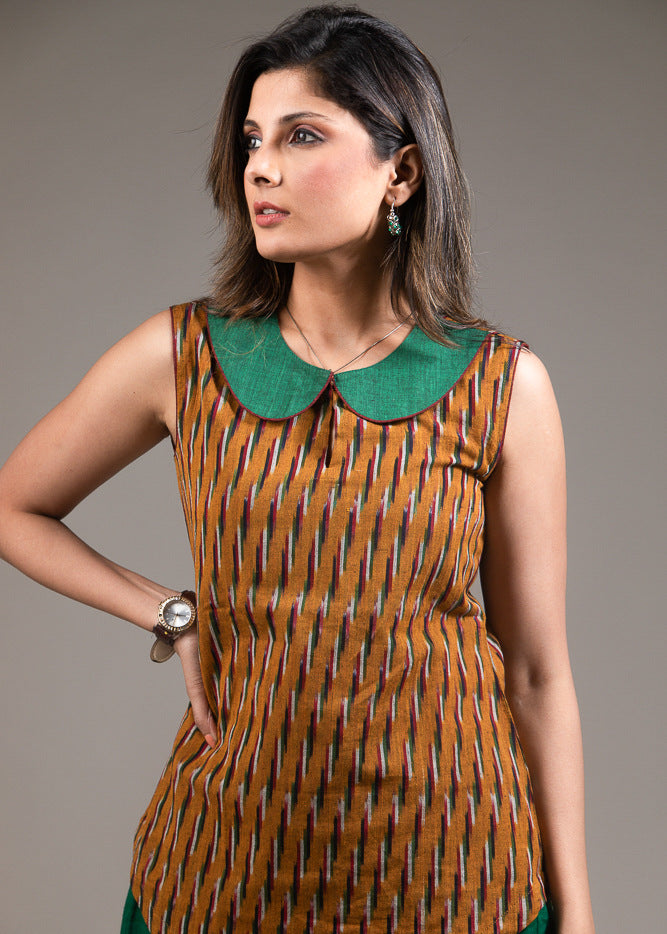 Ikat sleeveless peter pan collared cotton top