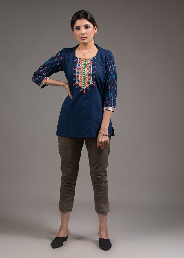 Madhubani painted yoke with Ikat shirt collared navy blue pure cotton top