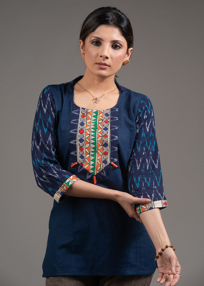 Madhubani painted yoke with Ikat shirt collared navy blue pure cotton top