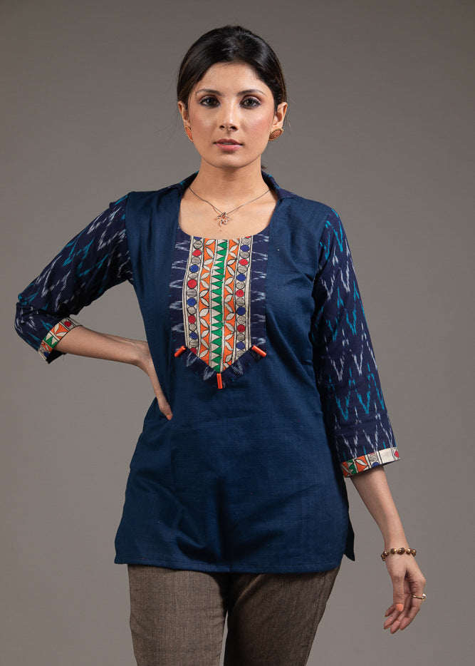 Madhubani painted yoke with Ikat shirt collared navy blue pure cotton top