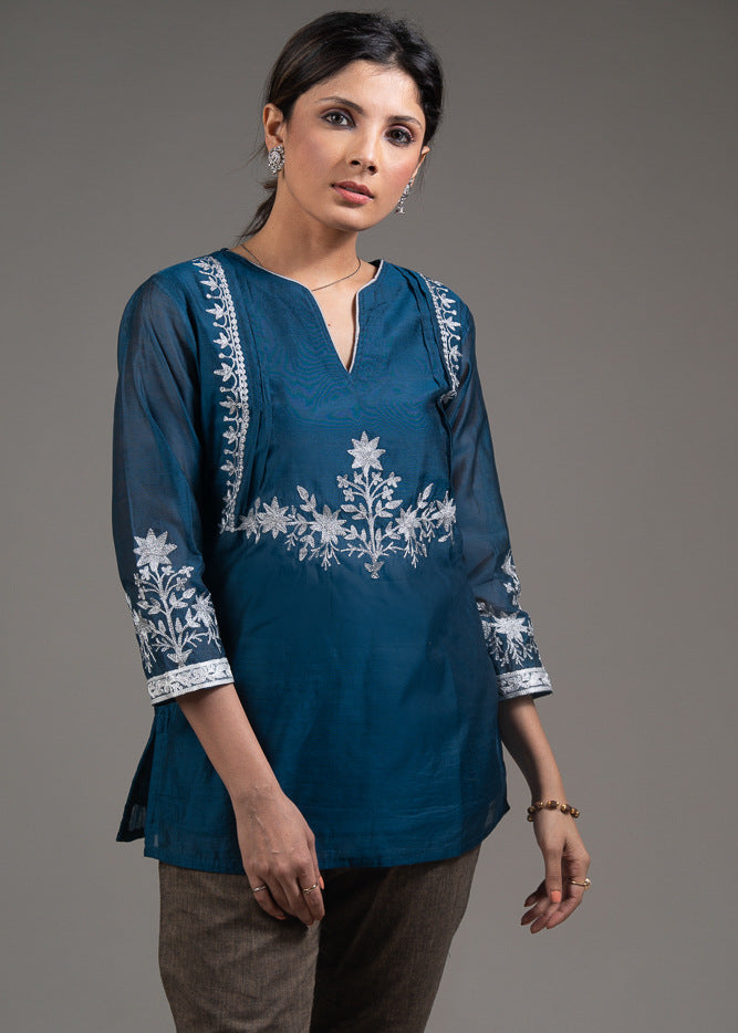 Embroidered blue chanderi top with lining