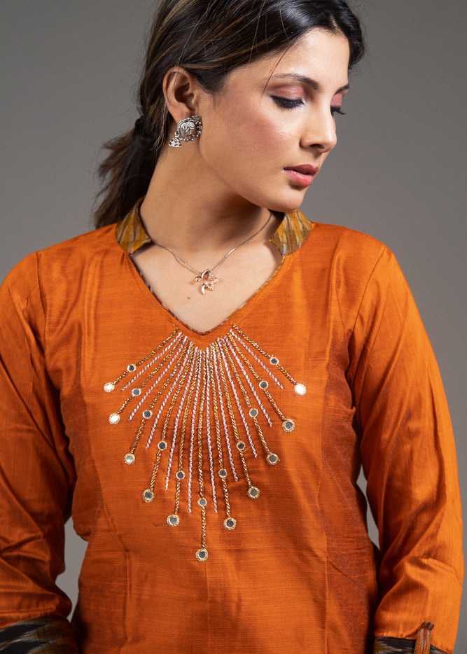 Zardosi hand embroidered mirror work rust cotton silk top