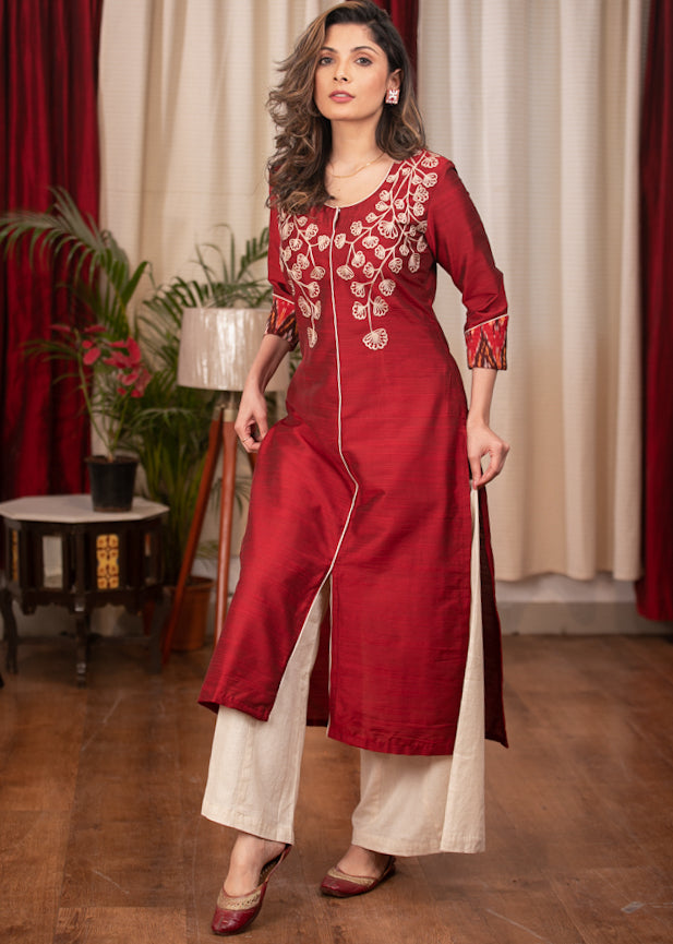 Straight Cut Marron Cotton Silk Kurta with Gracefully Embroidered Yoke.