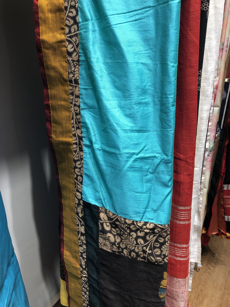Blue chanderi saree with hand painted kalamakari work pallu