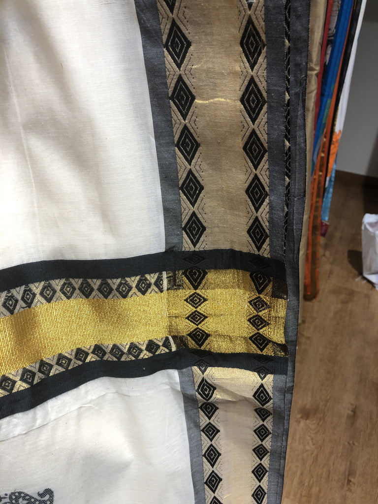 Cotton Kerala saree with black and Zari border and pallu