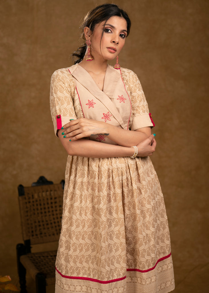 Beautiful Beige Chikankari Dress with Floral Hand Painting