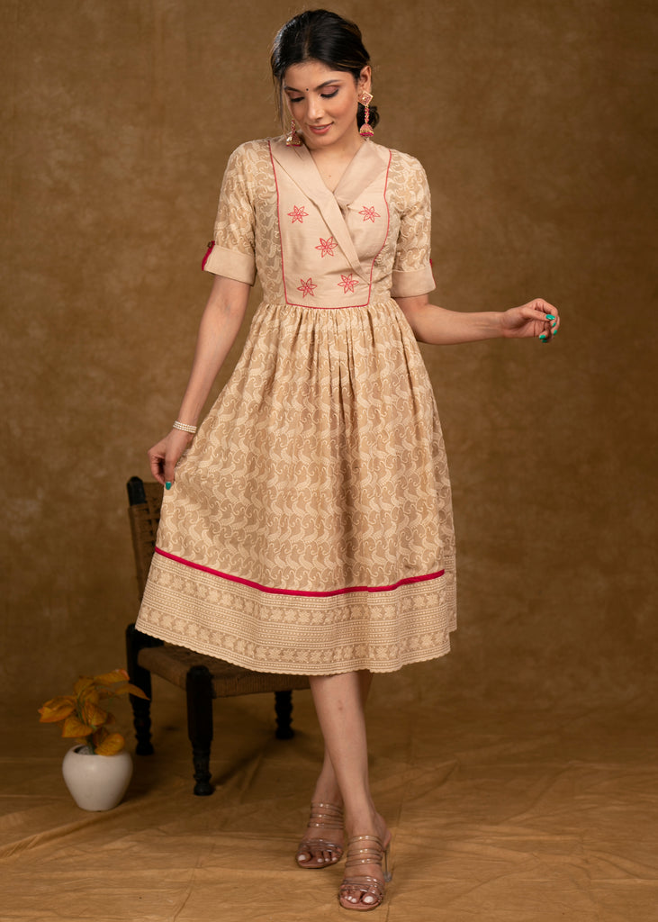 Beautiful Beige Chikankari Dress with Floral Hand Painting