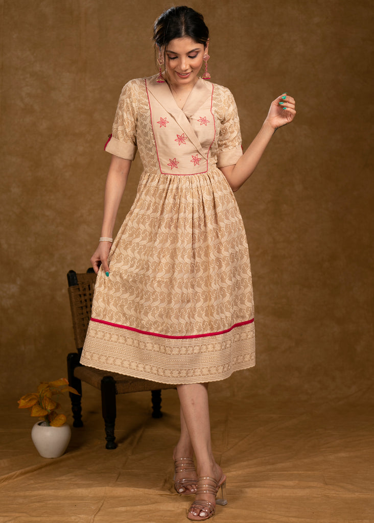 Beautiful Beige Chikankari Dress with Floral Hand Painting