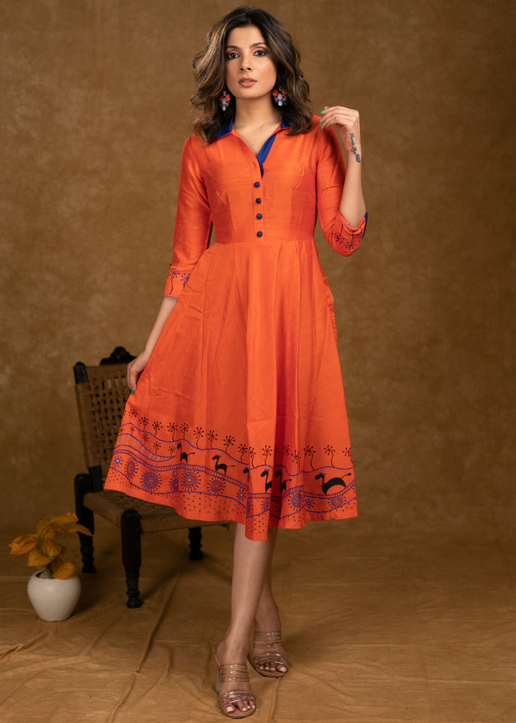 Exclusive Orange Cotton Silk Dress with Gond Painting on Hemline and Sleeves
