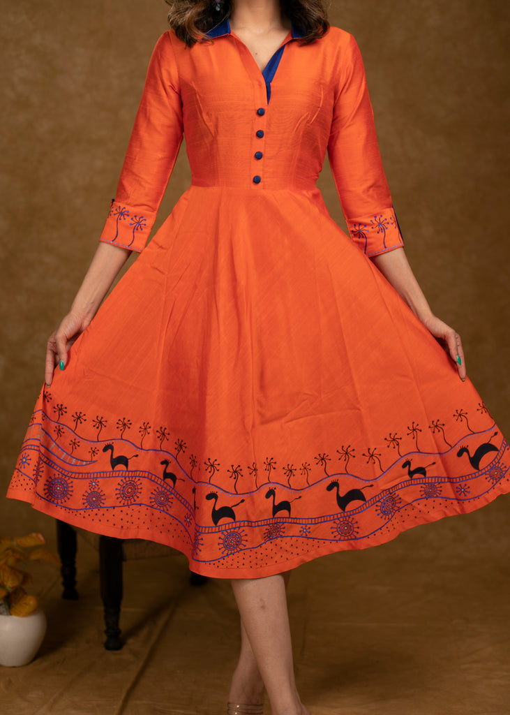 Exclusive Orange Cotton Silk Dress with Gond Painting on Hemline and Sleeves
