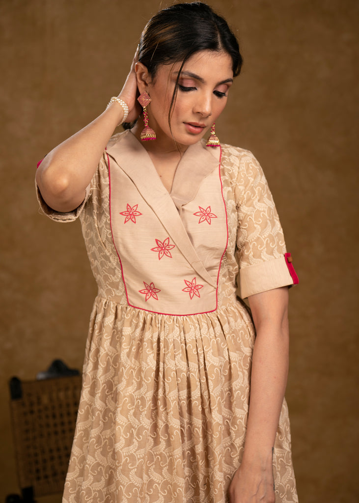 Beautiful Beige Chikankari Dress with Floral Hand Painting
