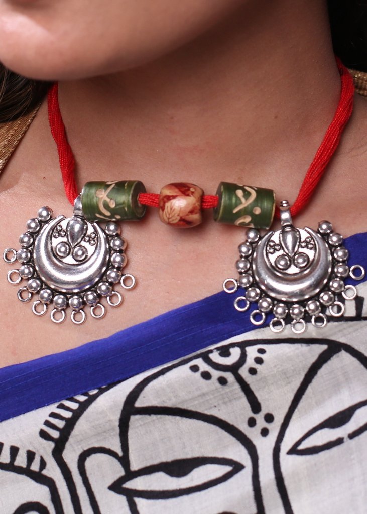 Exclusive combination of german silver pendant and forest green wooden beads necklace