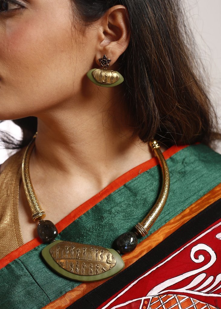Handmade polymer clay Egyptian mystique with handcrafted golden metal necklace set