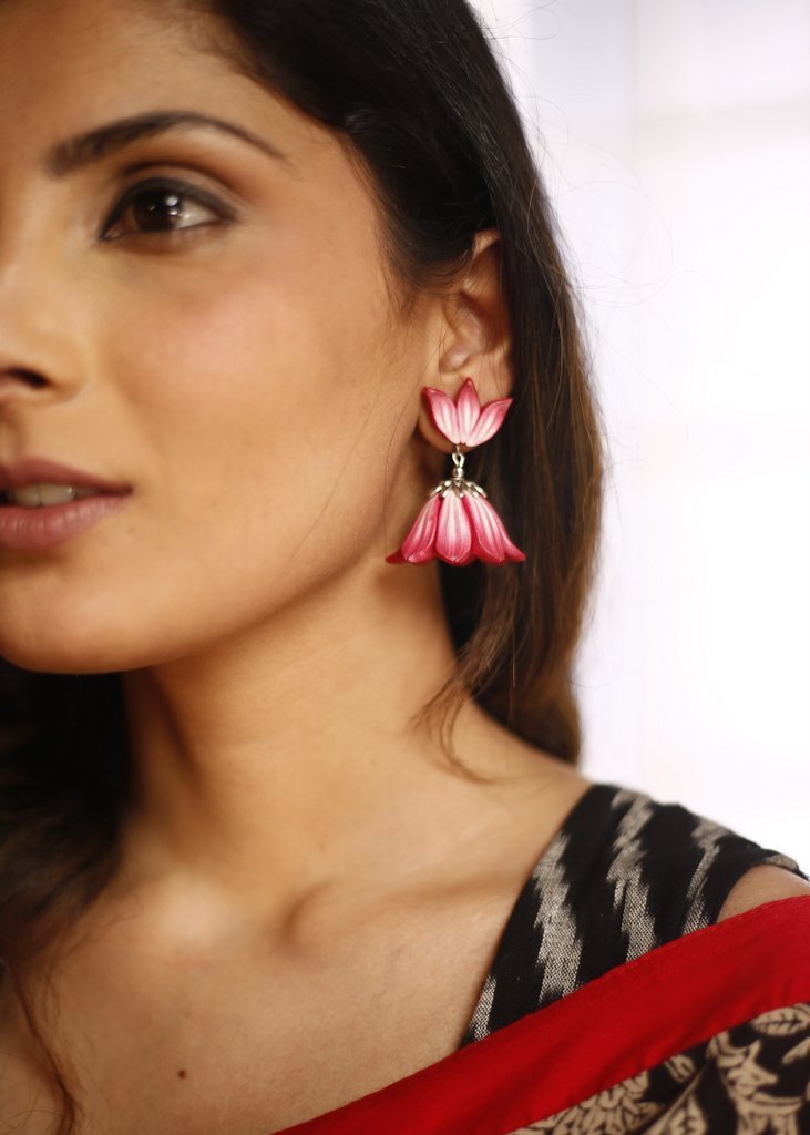 Handmade polymer clay pink lotus trance earring