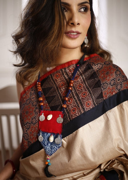 Tomato red and indigo blue fabric necklace with coin and cowrie with royal blue cotton dori