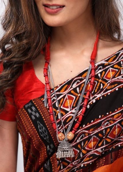 Traditional chain & wooden beads neckpiece with german silver jhumka pendant
