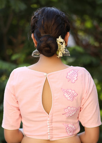 Baby Pink Cotton Blouse with Applique Work and Embroidery Detailing on the Sleeves